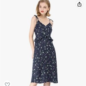 Allegra K Women's V Neck Ruffle Tie Spaghetti Strap Floral Midi Sundress XS Blue